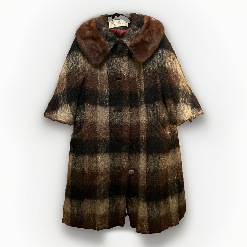VTG 50s 60s Lilli Ann Paris Mohair Wool Plaid Swing Coat Mink Fur Collar M L - Picture 2 of 16